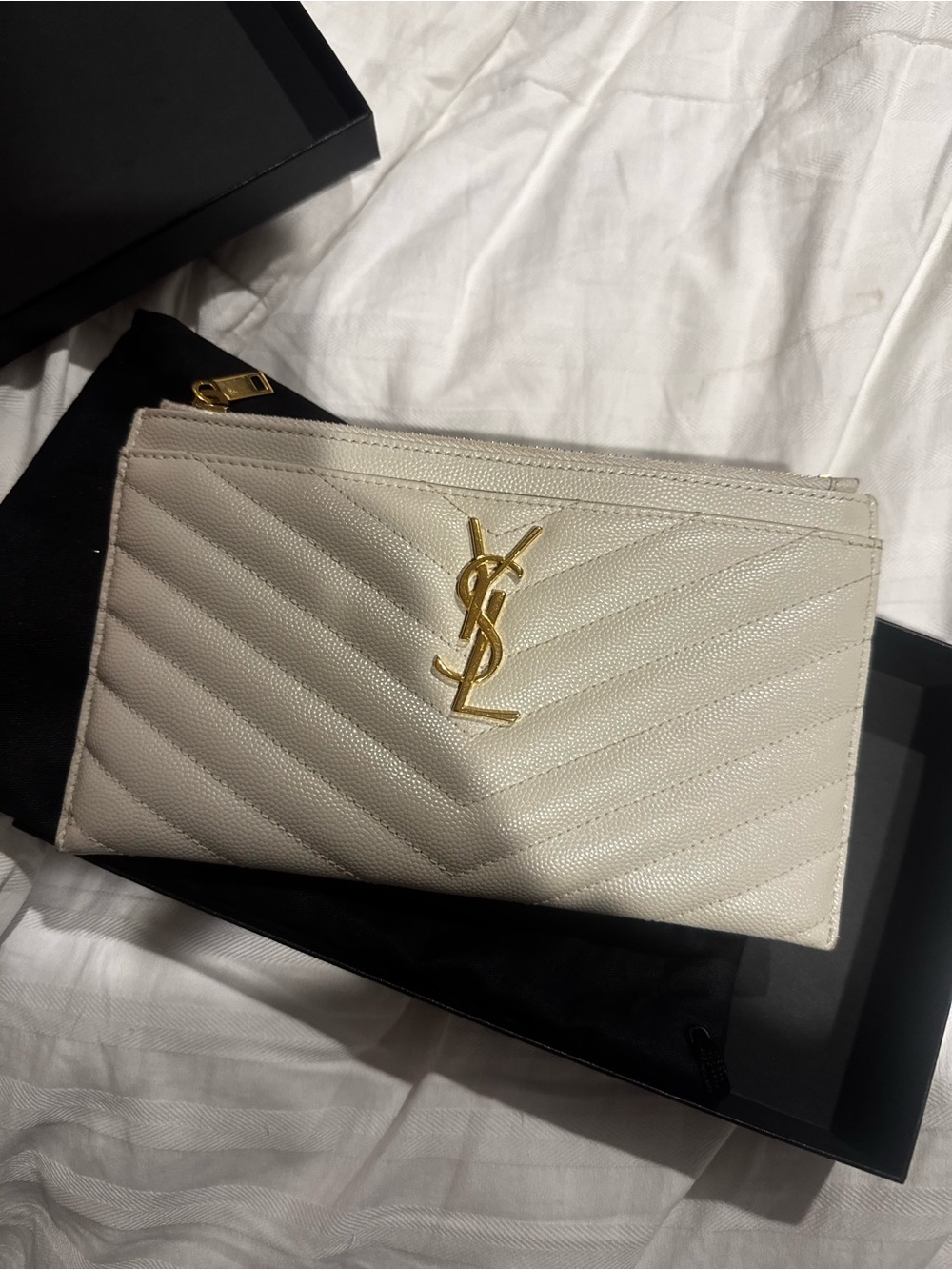 Saint Laurent Cream Quilted Leather Zip Pouch with Gold YSL Logo